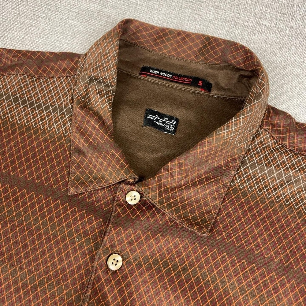 Tiger Woods Collection Polo Shirt Mens XL Brown Argyle Cotton Golf Short Sleeve